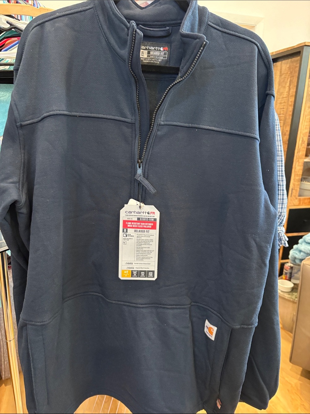 753. carhartt Navy Blue Flame-Resistant Rain Defender Relaxed Fit 3/4 zip